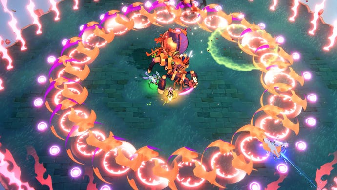 A player at the centre of a bunch of glowing projectiles in Windblown