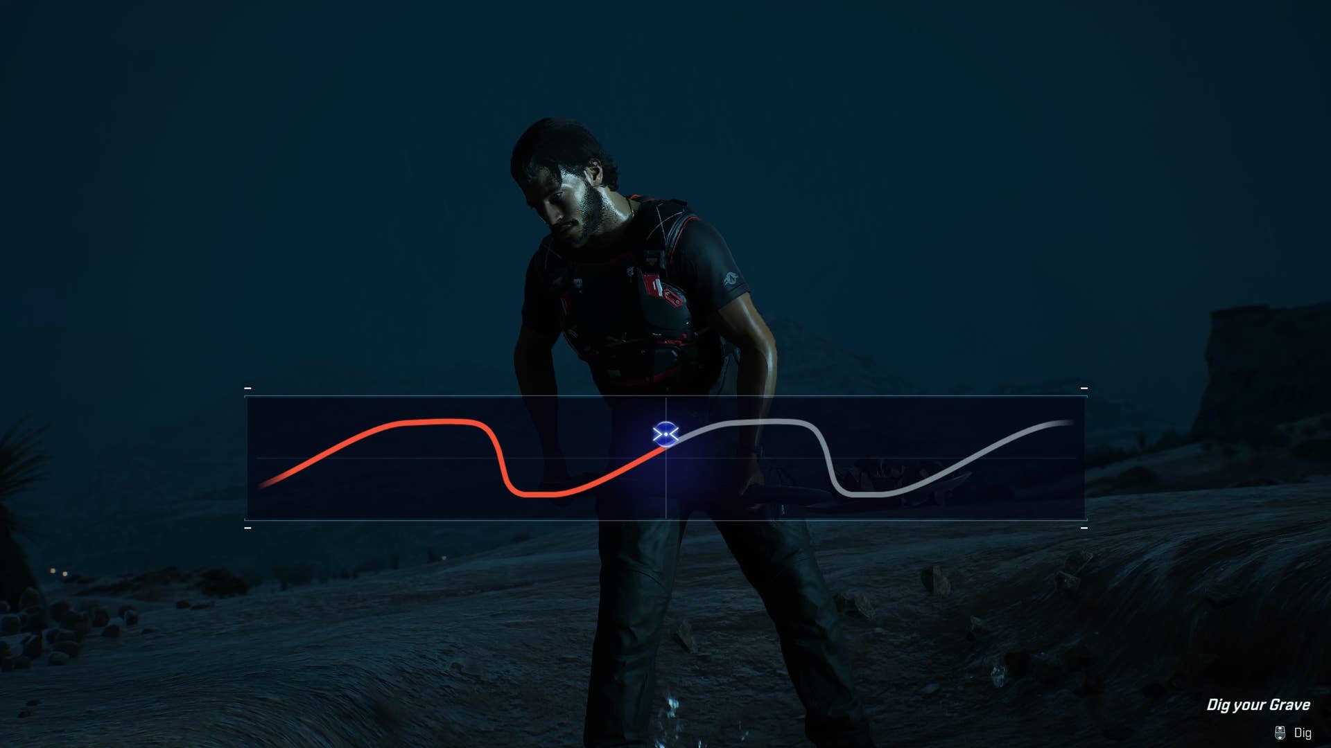 A screenshot of MindsEye, showing a QTE minigame where Jacob digs his own grave.