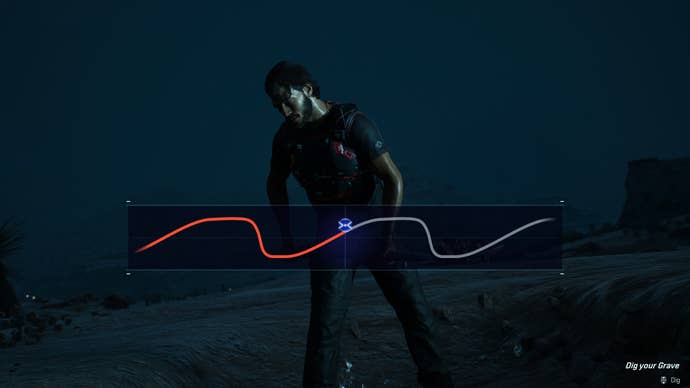 A screenshot of MindsEye, showing a QTE minigame where Jacob digs his own grave.