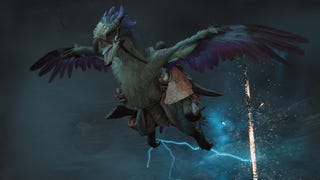 A player in Monster Hunter Wilds flying through the air aboard their birdlike Seikret mount