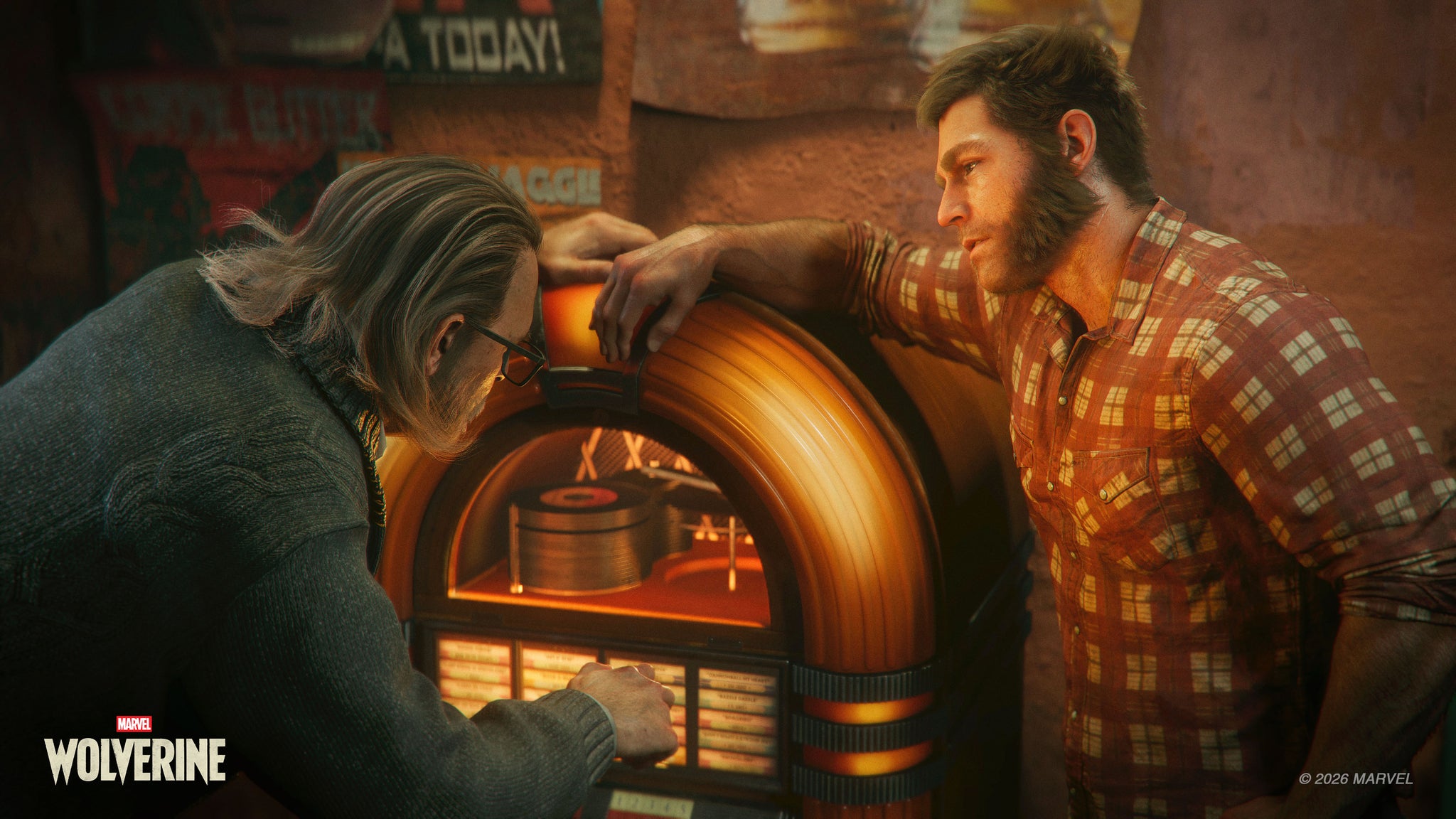 Logan stands in a casual outfit, leaning over a jukebox while talking to a long-time friend.