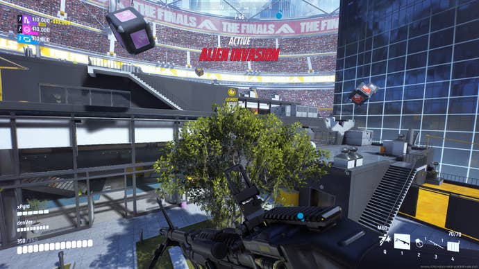 A screenshot of the Finals, depicting the player inside a vast stadium.