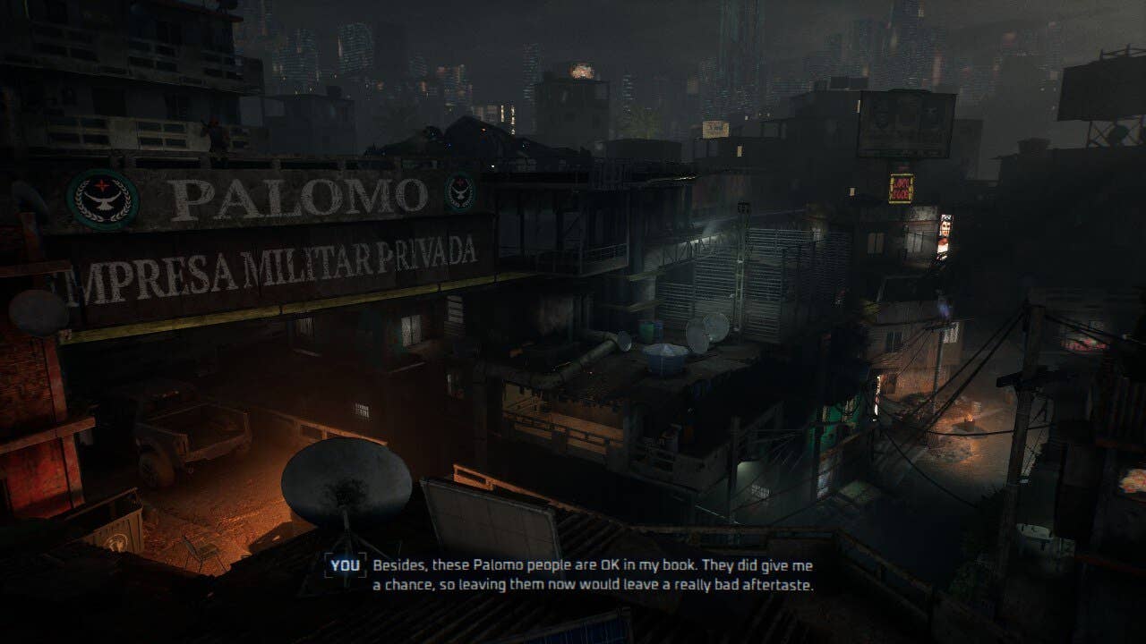 A nocturnal view of a run-down city area with huge signboards and the glow of streetlights, from first-person shooter La Quimera