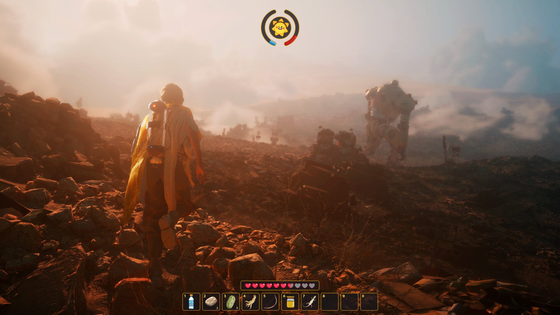 A view of the player character tramping over rubble towards their distant huge robot companion in Hello Sunshine. - 4