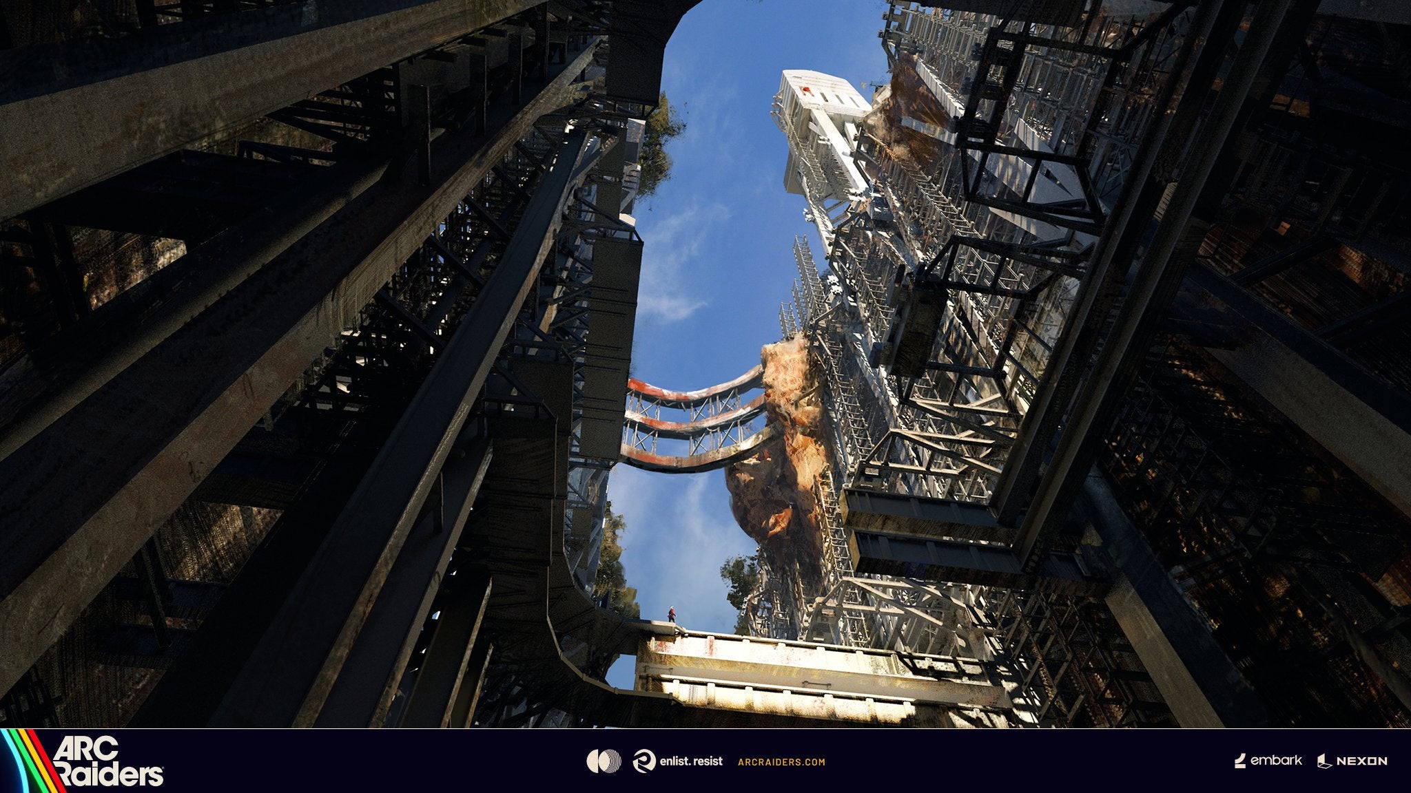 Concept art of a spaceport area in Arc Raiders, showing the view of a huge rocket launchpad from its base. - 4