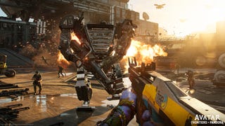 A first-person battle with human colonisers in war mechs from Ubisoft Massive's Avatar: Frontiers of Pandora, an adaptation of the James Cameron movie, showing the player holding a military firearm.