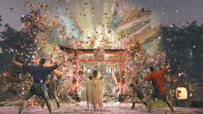 Characters dancing before a purified Tori gate in Kunitsu-Gami: Path of the Goddess