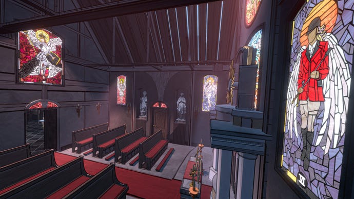 An elevated view of a chapel with stained glass windows in The Blue Prince