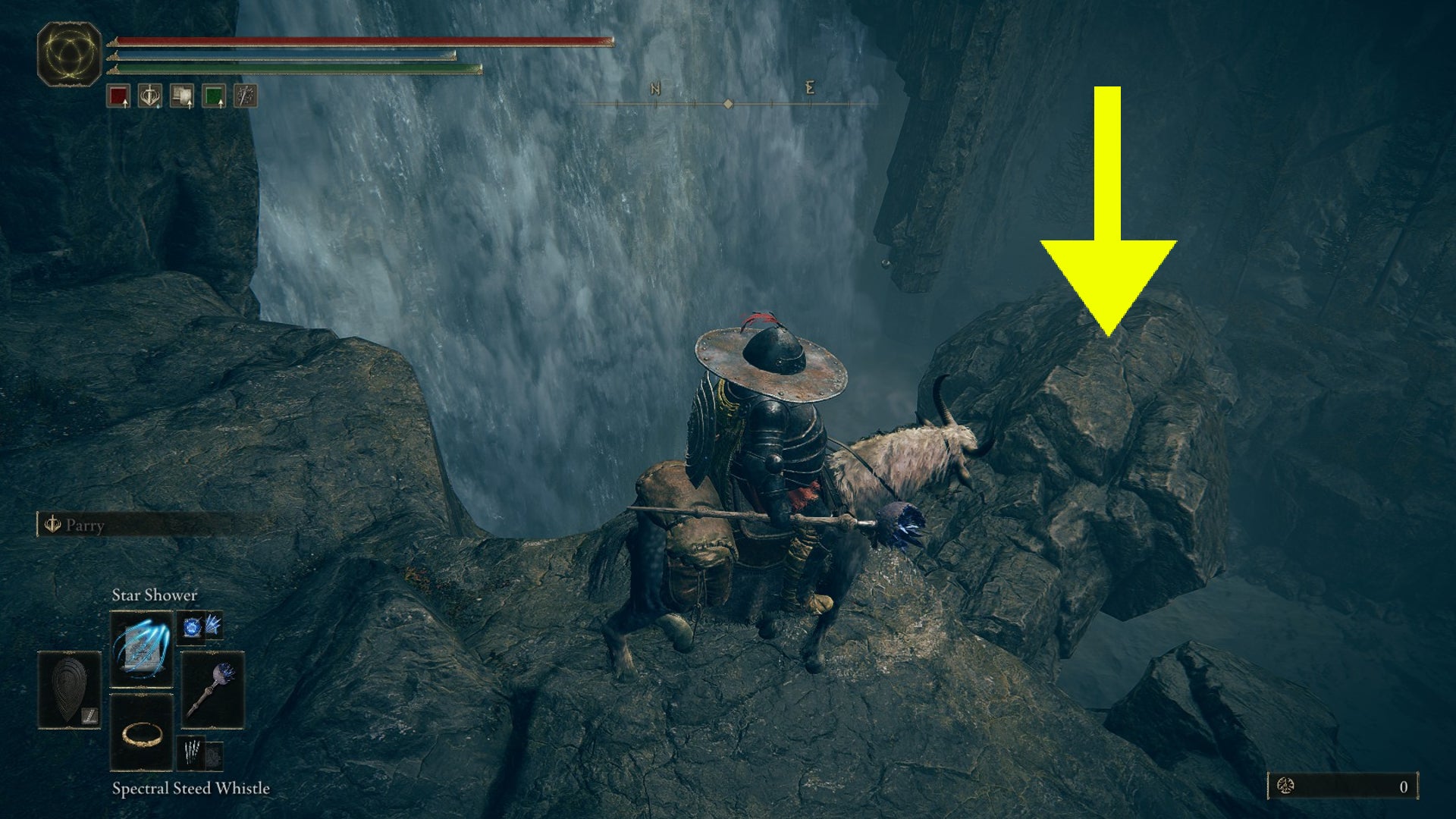 Part 4 of the route to get to the Cerulean Coast in Shadow of the Erdtree. The player is atop Torrent by a waterfall, with an arrow pointing at a stretch of fallen pillar that can be used as a bridge. - 7