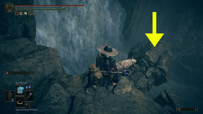 Part 4 of the route to get to the Cerulean Coast in Shadow of the Erdtree. The player is atop Torrent by a waterfall, with an arrow pointing at a stretch of fallen pillar that can be used as a bridge.