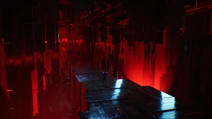 A woman walking through a strange cavern made up of shiny black rock with red lights in Chorus