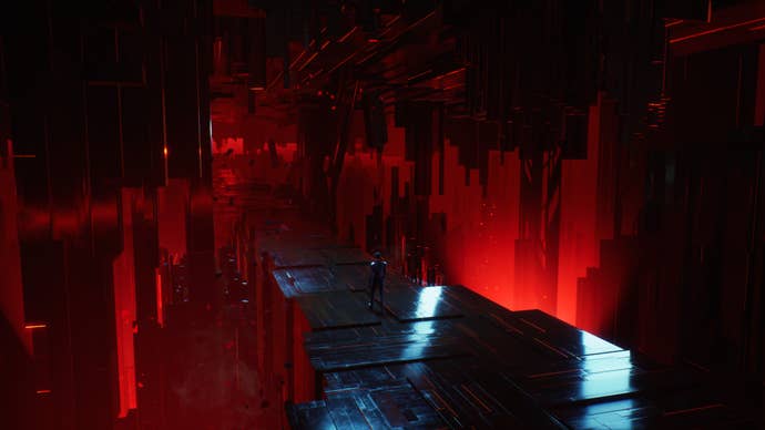 A woman walking through a strange cavern made up of shiny black rock with red lights in Chorus