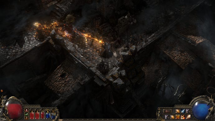 A Path of Exile 2 screenshot with a player firing flaming crossbow bolts in a collapsing stone city environment