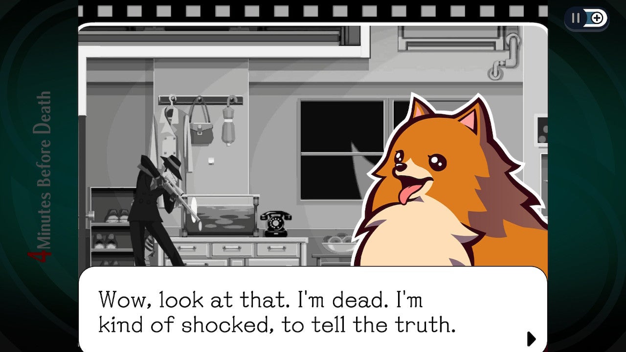 Ghost Trick: Phantom Detective review screenshot, a talking pomeranian says: &ldquo;Wow, look at that. I&rsquo;m dead. I&rsquo;m kind of shocked, to tell the truth."