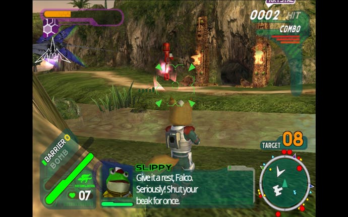 Star Fox Assault screenshot, Fox McCloud is walking on-foot with a rocket launcher in front of him.