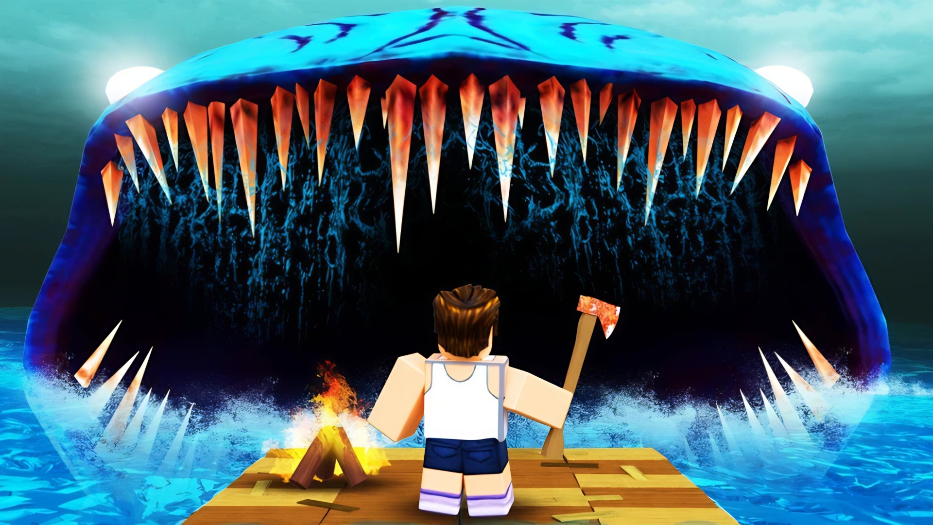 A header image for the Roblox game, Ocean Survival, depicting an axe-wielding survivor standing on a raft facing the open jaws of the game's giant fish monster. - 1