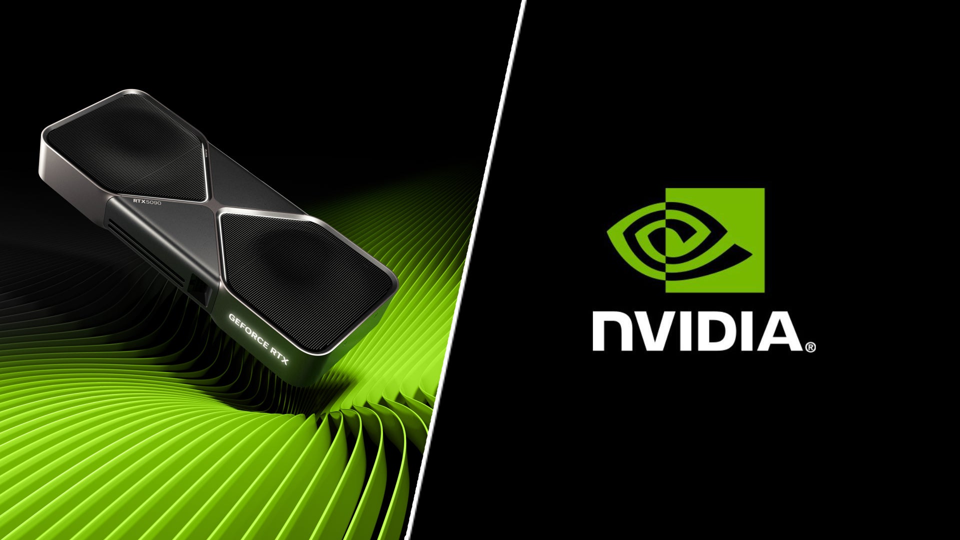 Split image featuring a look at the RTX 5090 and the Nvidia logo. - 1