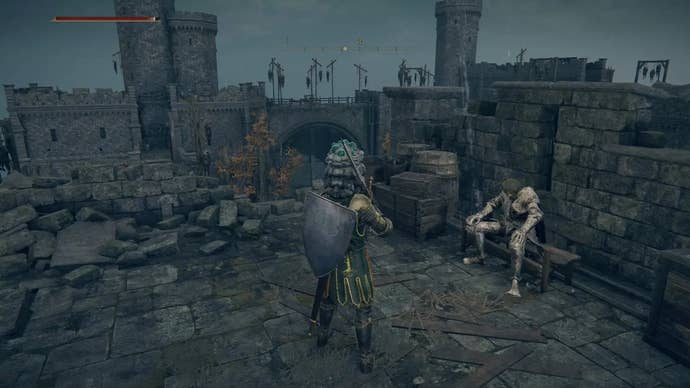 A warrior stands in front of Edgar, who is sitting on a bench on the rooftop of Castle Morne in Elden Ring.