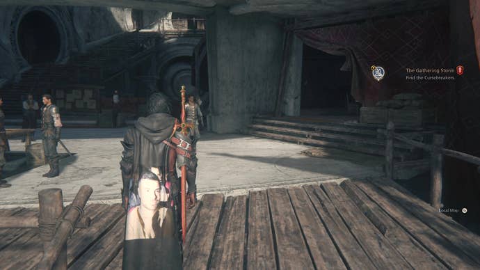 In-game screenshot of Final Fantasy 16 showing Clive with Ben Starr’s face on his cape