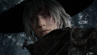 Close up of Phantom Blade Zero protagonist, with grey hair and white brimmed hat