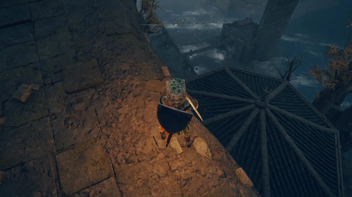 A warrior stands on the edge of a rampart overlooking a hexagonal roof in Castle Morne in Elden Ring