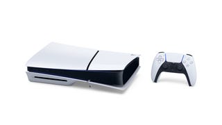 The PS5 Slim on its stand.