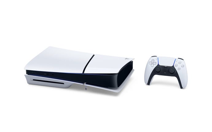The PS5 Slim on its stand.