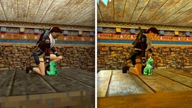A side by side comparison of old vs new graphical styles of Lara Croft kneeling down to touch an artefact in Tomb Raider I-III Remastered