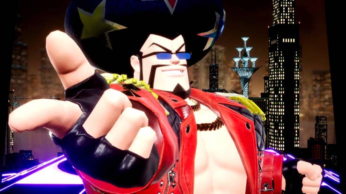 Coiff Guy screenshot from Foamstars, pointing at camera with big chest and red top