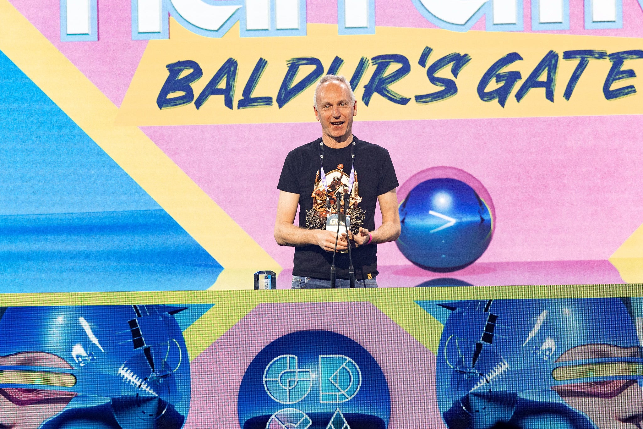 Larian CEO Swen Vincke speaking at the GDC Awards - 3