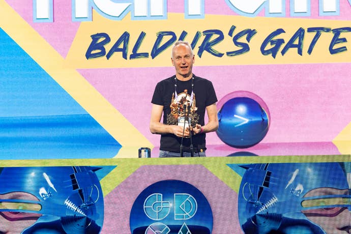 Larian CEO Swen Vincke speaking at the GDC Awards