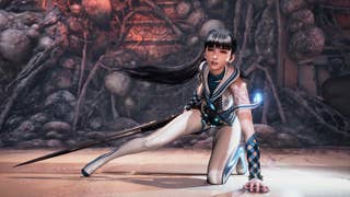Stellar Blade's long ponytailed heroine crouching on the ground in a white suit