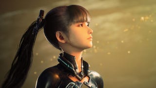 Close up of Stellar Blade protagonist Eve with long ponytail and glowing gold light