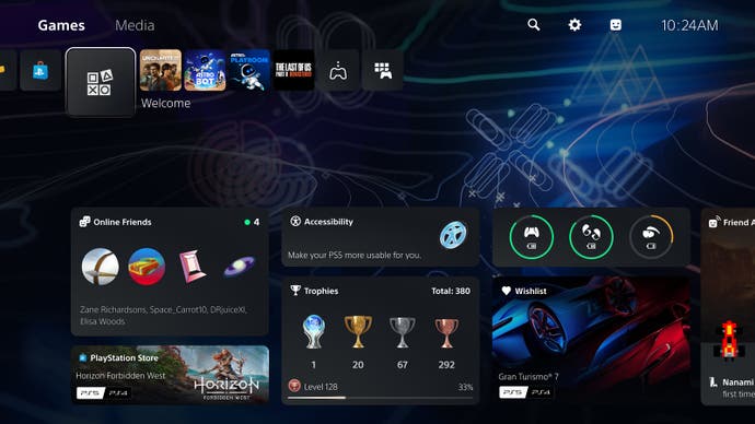 Screenshot of PS5 home page showing Welcome Hub with widgets