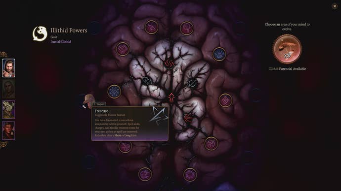 A brain menu screen showing illithid powers and skills in Baldur’s Gate 3
