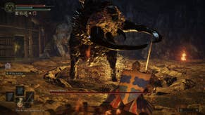 A beast with pincer horns charges toward a knight in Elden Ring