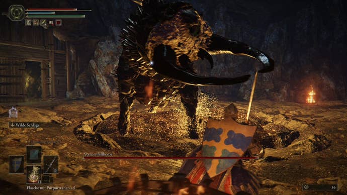 A beast with pincer horns charges toward a knight in Elden Ring