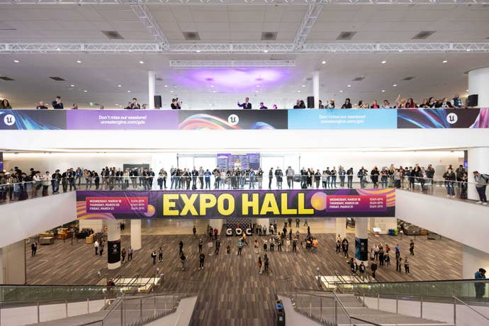 An image of the Expo Hall for GDC 2025, with various banners advertising Unreal Engine and more.