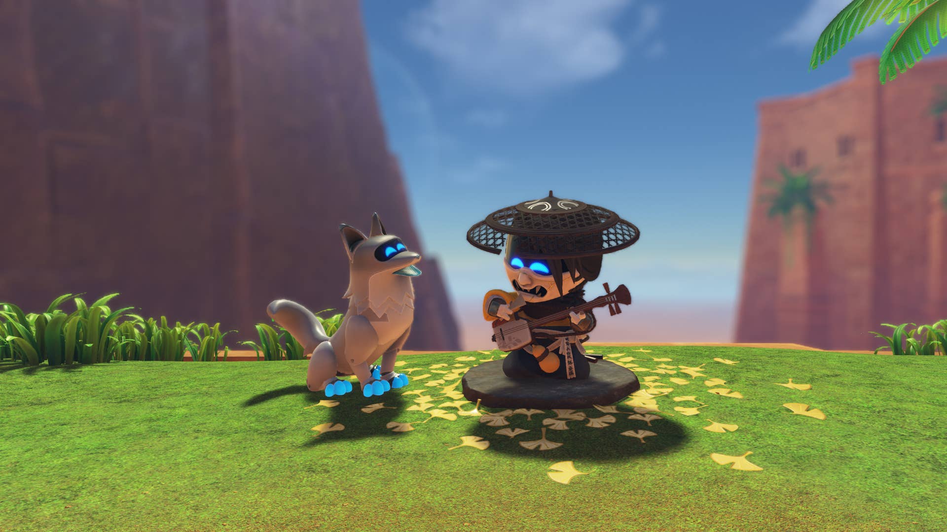 Astro Bot screenshot showing robot dressed up in Ghost of Yotei Japanese traditional outfit next to a wolf