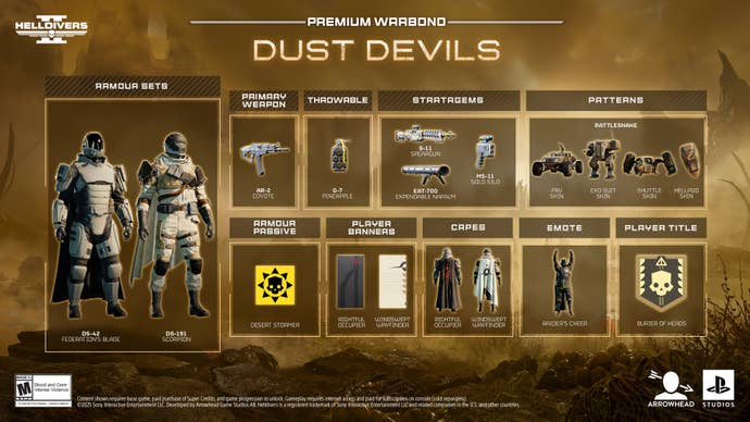 Image showing all available items in the Helldivers 2 Dust Devils Warbond