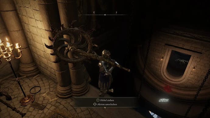 A warrior stands on a ledge above an inverted upside down doorway in Elden Ring.