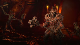 Diablo 4 screenshot showing a menacing warrior with a bludgeoning weapon advancing towards the screen