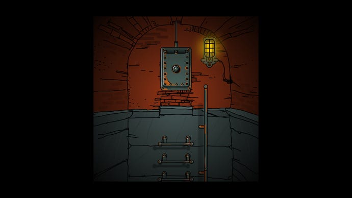 A metal door with a lamp in a red wall in Submachine: Legacy