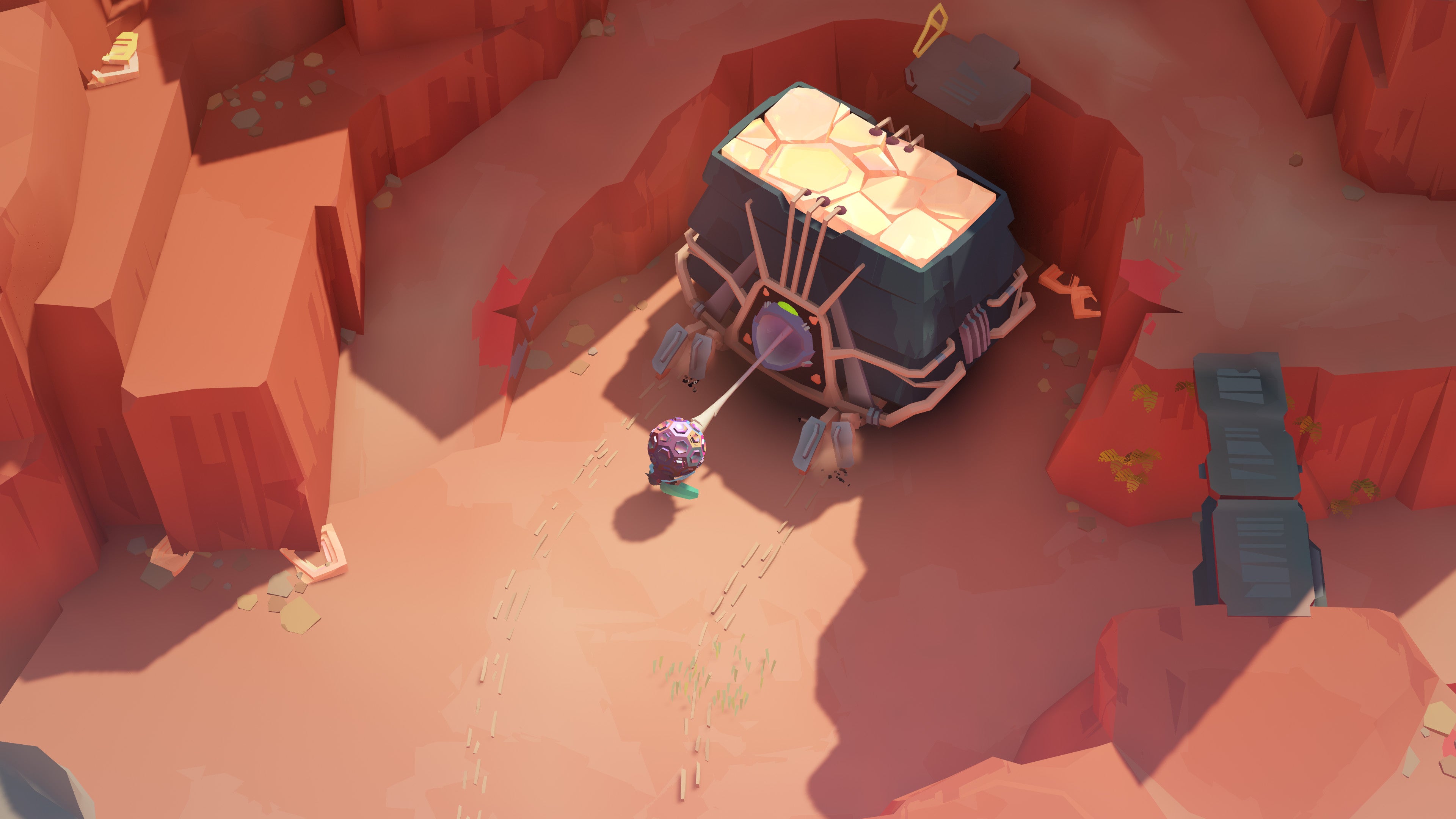 The player character tugging a huge stone insect creature into position in Geometric Interactive&rsquo;s Cocoon.