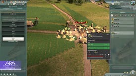 A screenshot of Ara: History Untold, showing a close-up of a small settlement on a junction, surrounded by fields.