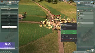 A screenshot of Ara: History Untold, showing a close-up of a small settlement on a junction, surrounded by fields.