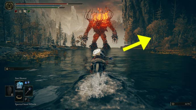 Part 5 of the route to get to the Cerulean Coast in Shadow of the Erdtree. The Tarnished faces a massive furnace golem, with an arrow pointing towards a pathway east.