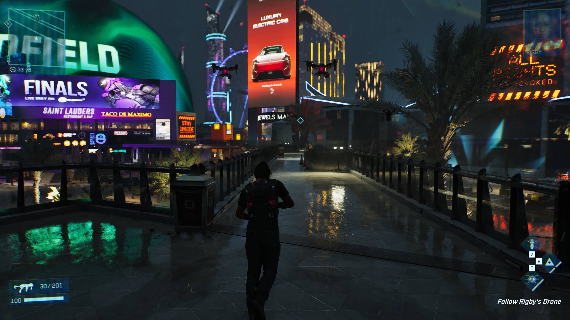 A screenshot of MindsEye, showing Jacob running over a pedestrian bridge in downtown Redrock, surrounded by neon animated billboards.