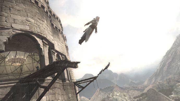 Several assassins in white robes throwing themselves from a castle’s upper levels in Assassin’s Creed
