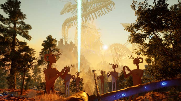 A daytime view of a forest with a huge bony structure on the horizon in The Axis Unseen